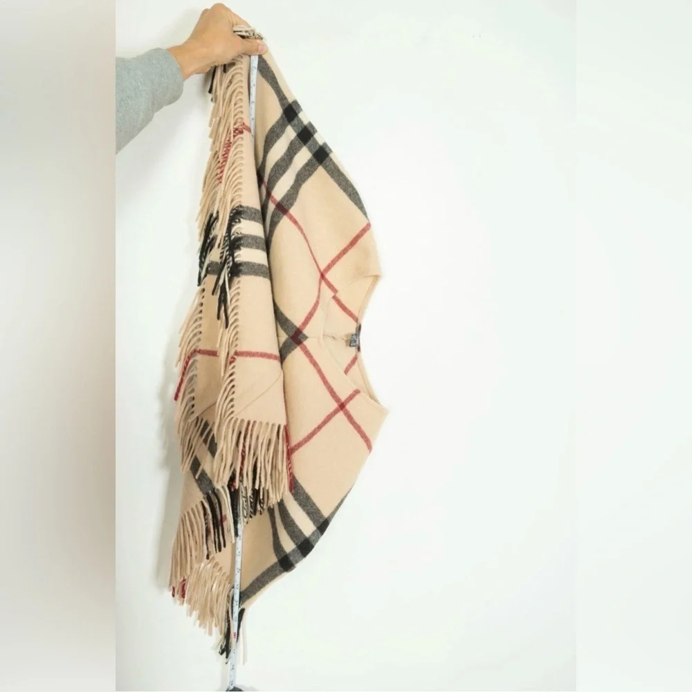 Burberry London Lamba Wool Nova Check Scarf Poncho Plaid Tan Black Red Fringe - Picture 5 of 8